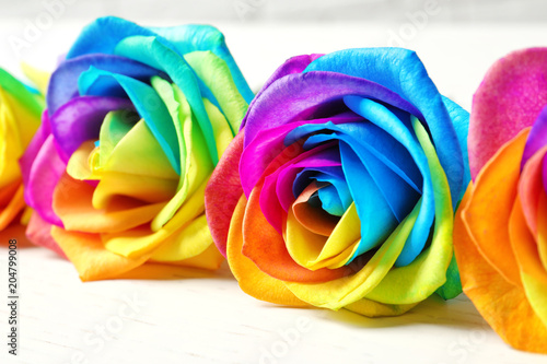 Amazing rainbow rose flowers on table, closeup