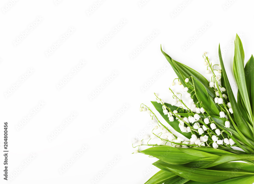 Beautiful bouquet of lilies of the valley isolated on white background. Top view with copy space. Flat lay Beautiful bouquet of lilies of the valley isolated on white background. Top view with copy space. Flat lay