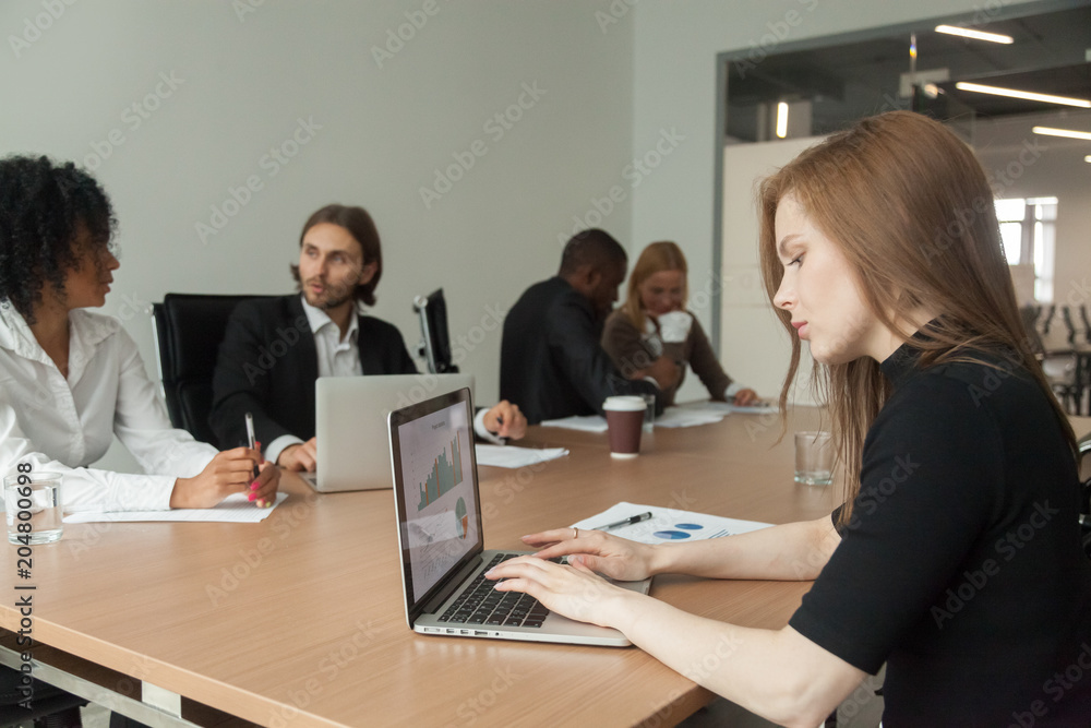 Female project manager working on laptop at group meeting analyzing marketing results financial statistics preparing report on computer screen, business software for data management and analysis Female project manager working on laptop at group meeting analyzing marketing results financial statistics preparing report on computer screen, business software for data management and analysis