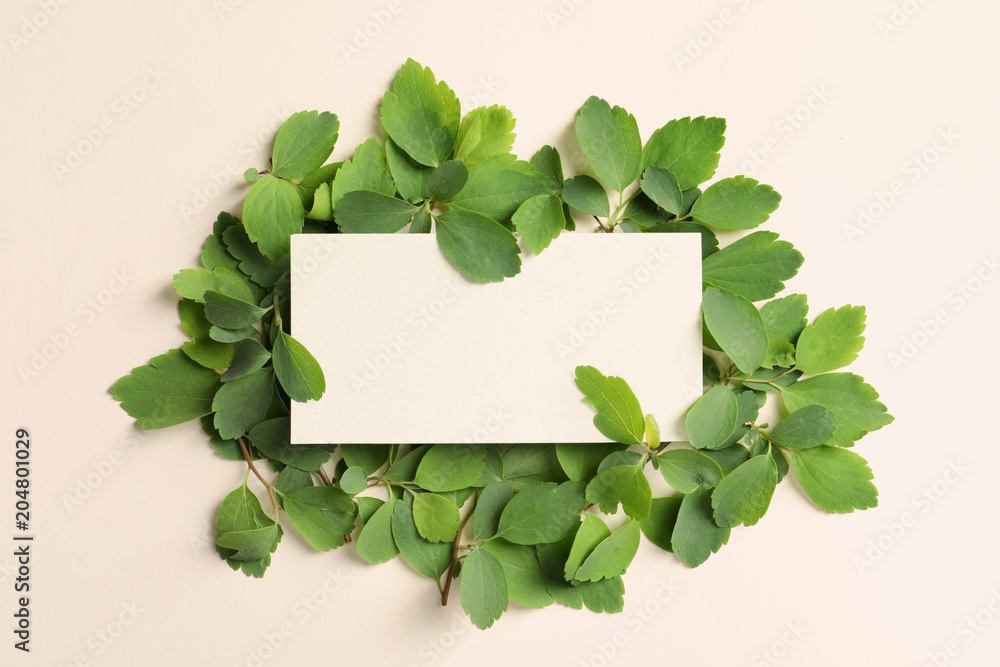 Blank card with green leaves on light background Blank card with green leaves on light background