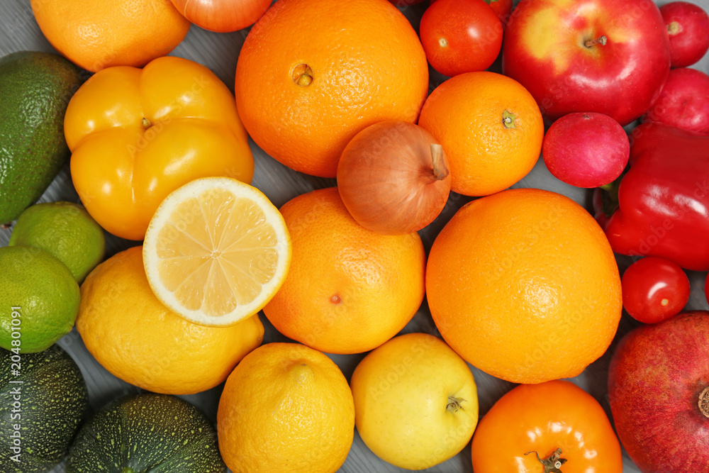 Rainbow collection of ripe fruits and vegetables as background, top view Rainbow collection of ripe fruits and vegetables as background, top view