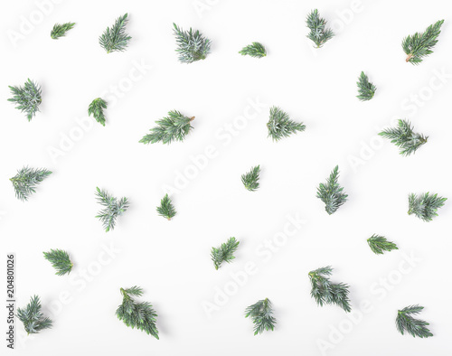 Juniper branches pattern isolated on white background. Flat lay. Top view. Christmas or New year composition.