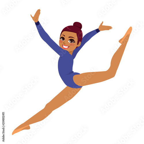 Beautiful young African American professional gymnastics acrobat woman flying jump working out