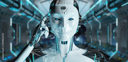 White woman cyborg thinking and touching her head 3D rendering