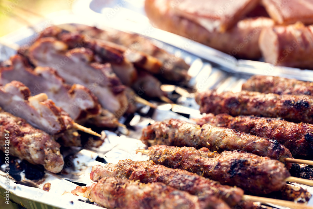 Grilled meat on sticks, sausage and bacon. Family picnic in the open air. Shallow depth of field.