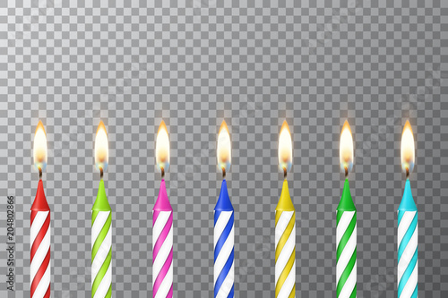 Vector background with 3d realistic different birthday party colofful wax paraffin burning cake candle set closeup isolated on transparency grid. Design template, clipart for graphics