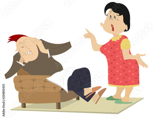Quarrel between man and woman isolated illustration. Woman scolds the man who seats in the armchair and closes his ears by hands isolated on white
