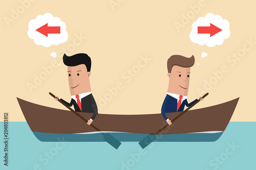 Conflict of interest. Two businessman rowing in different directions. Vector illustration