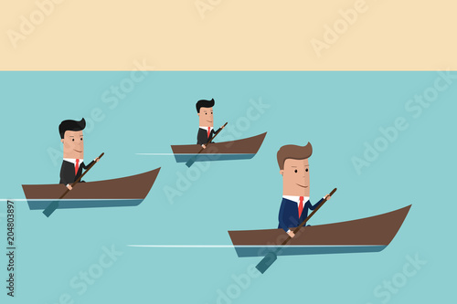 Businessmen in boat rowing competition. Vector illustration
