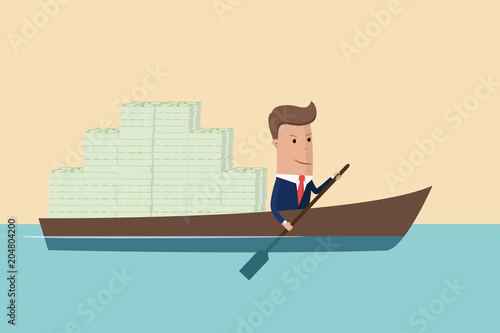 Businessman and money and ride in boat. Businessman rolls cash on boat. Vector illustration