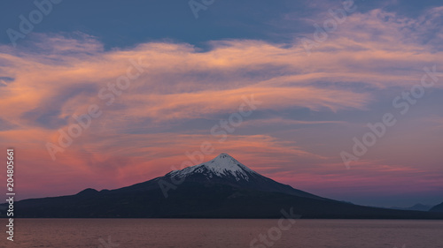 Beautiful sunset at a viewpoint in Ensenada located opposite the Osorno volcano, Puerto Varas, southern Chile © MAV Drone