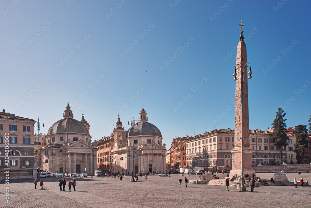 People's Square (Piazza del Popolo), view Lions Fountain Foreground, Basilica of Santa Maria in Montesanto and Church of Santa Maria dei Miracoli in the background