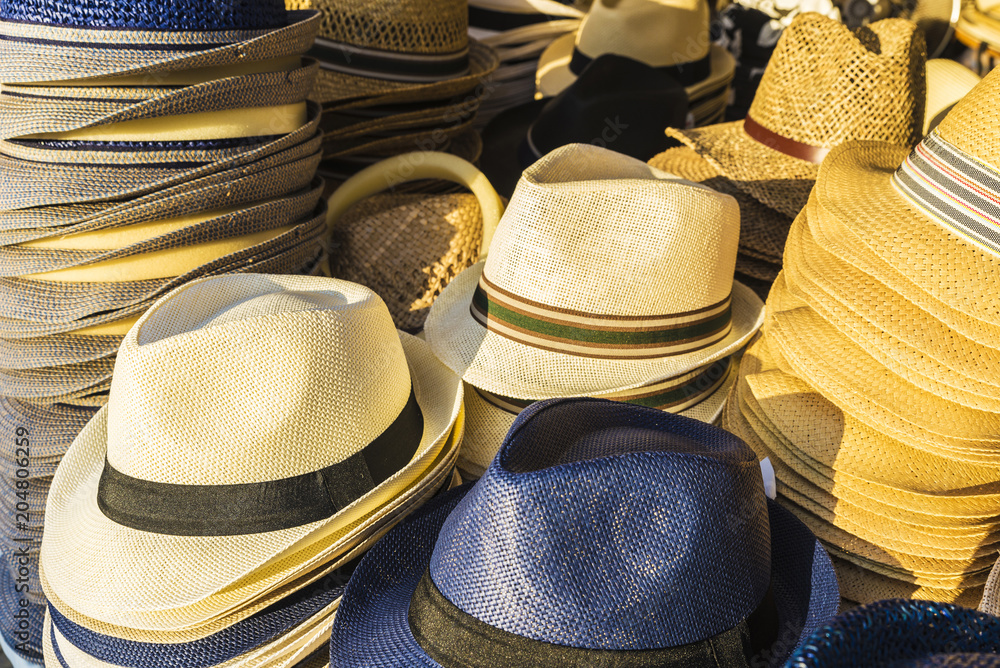 Panama hat in a souvenir shop in a flea market