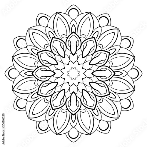 Contour mandala for color book. Monochrome illustration. Symmetrical pattern in a circle. A beautiful image for scrapbook. The template for printing on fabric. Picture for meditation and relaxation.