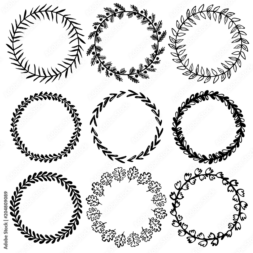 Wreaths hand drawn vector collection. Set of round doodle frames isolated on white background. Wreaths hand drawn vector collection. Set of round doodle frames isolated on white background.