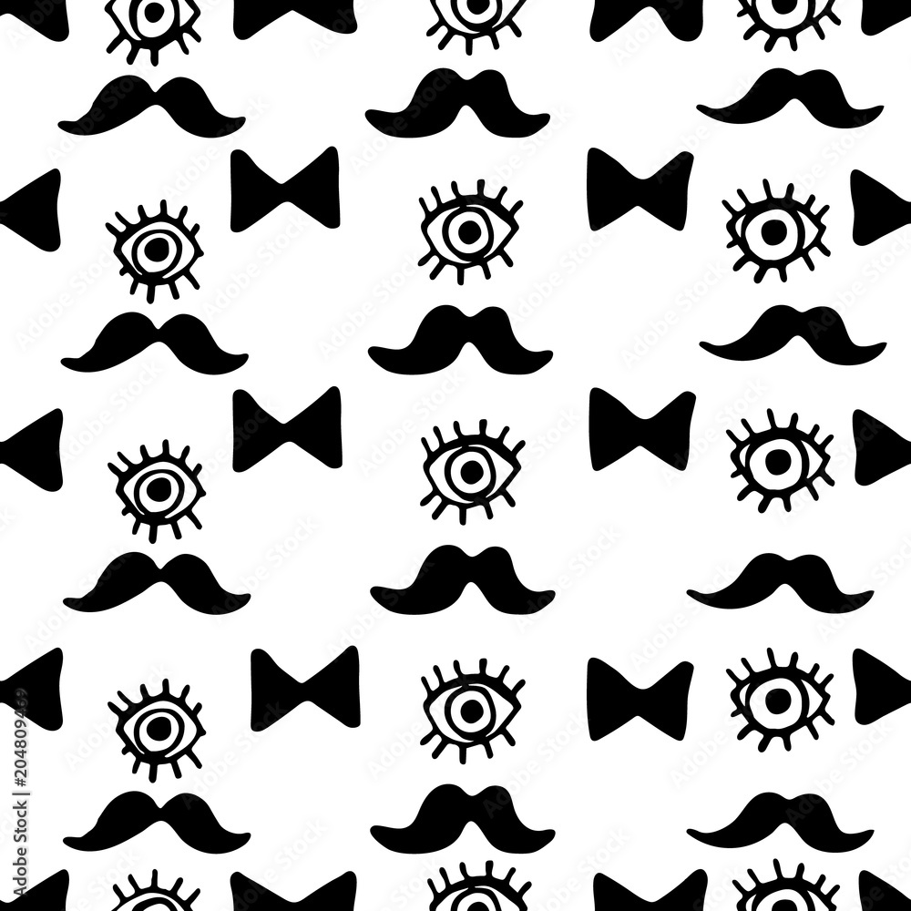 Fototapeta premium Monochrome gentleman signs seamless pattern. Hand drawn mustaches, eye and bow tie on white background. Funky male hipster pattern for your design.