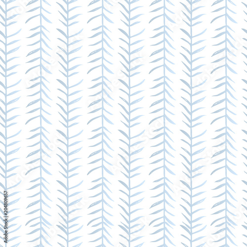 Tropical leaves ornamental seamless pattern. Hand drawn doodle branches on white background. Tender blue plant kitsch pattern for your design.