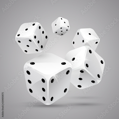 Five falling white game dices on grey background. Casino gambling. Pocker. Jpg include isolated path