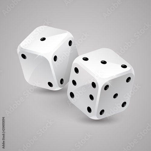 Two white game dices on grey background. Casino gambling. Craps table. Jpg include isolated path