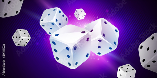 Shiny background with white game dices on dark blue. Casino gambling. Poker, table craps