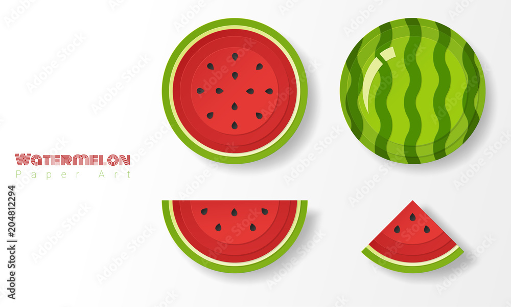 Set of watermelons in paper art style , vector , illustration Set of watermelons in paper art style , vector , illustration