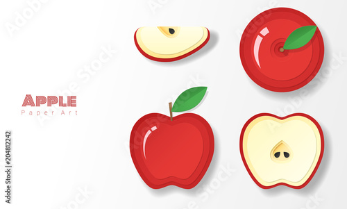 Set of red apples in paper art style , vector , illustration