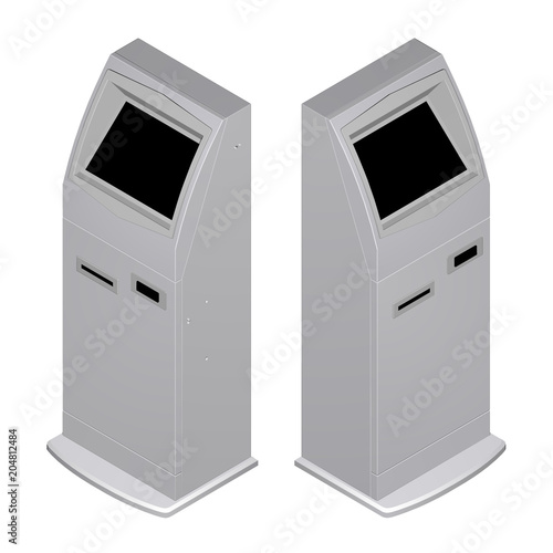 POS terminal with touchscreen in orthogonal projection. Isometric. Isolated on white background.