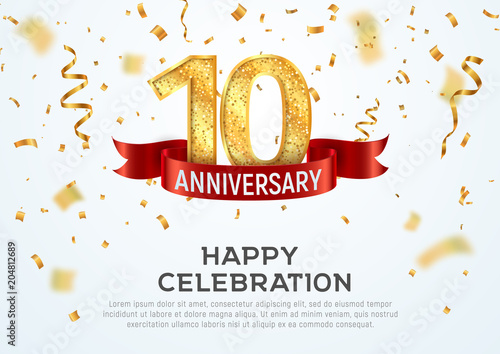 10 years anniversary vector banner template. Tenth year jubilee with red ribbon and confetti on white background