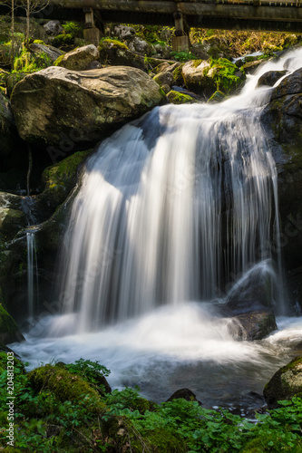 Germany, Sun shining on highest waterfalls of Germany in triberg in black forest