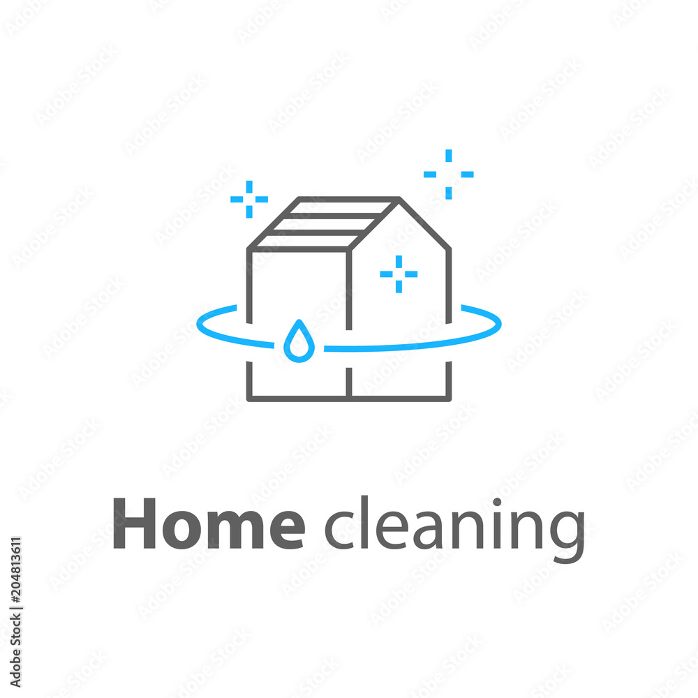Fototapeta premium Home cleaning services, plumbing repair logo, house hygiene, vector linear icon
