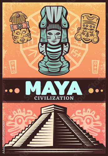 Vintage Colored Ancient Maya Poster