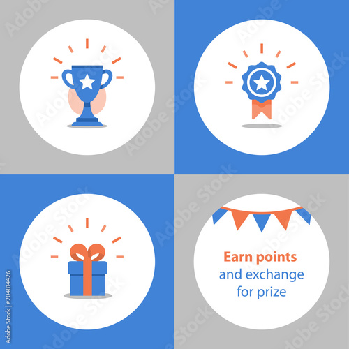 Win super prize, reward program, winner cup, first place bowl, achievement and accomplishment concept, flat icon photo