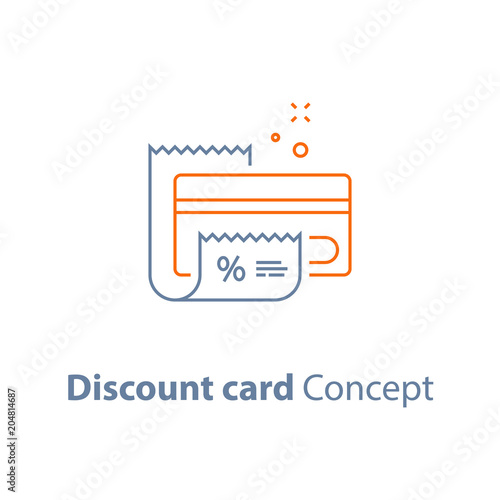 Loyalty program, discount card, till slip, credit card payment, vector outline icon