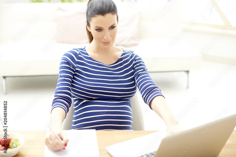 Pregnant woman working on laptop. Confident young pregnant woman sitting in front of laptop and doing some paperwork while working from home. Pregnant woman working on laptop. Confident young pregnant woman sitting in front of laptop and doing some paperwork while working from home.