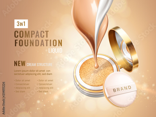 Glamour compact foundation ads. Cosmetic container with cushion. Cream flow and liquid texture isolated on glitter bokeh background. Highlights and bright particles of dust. Vector 3d illustration.