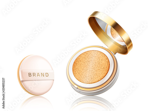 Cosmetic foundation case. Open container with liquid foundation or powder with pillow isolated on white background. Package design elements. Vector realistic 3d illustration.