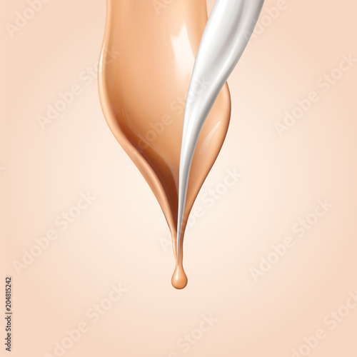 Liquid foundation elements. Flow beige liquid and white fluid creamy texture isolated on background. Vector realistic 3d illustration. photo