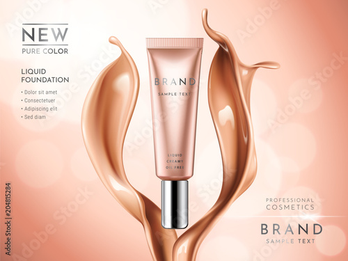 Premium liquid foundation ads. Cosmetic tube with liquid creamy texture isolated on glitter bokeh background. Elegant splash of tonal fluid. Vector 3d illustration.