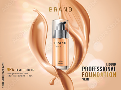 Luxury liquid foundation ads. Glass transparent bottle with liquid creamy texture isolated on glitter bokeh background. Elegant splash of tonal fluid. Vector 3d illustration.