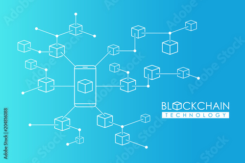 Blockchain technology concept banner with mobile phone and isometric blocks. Block chain data protection. Vector illustration