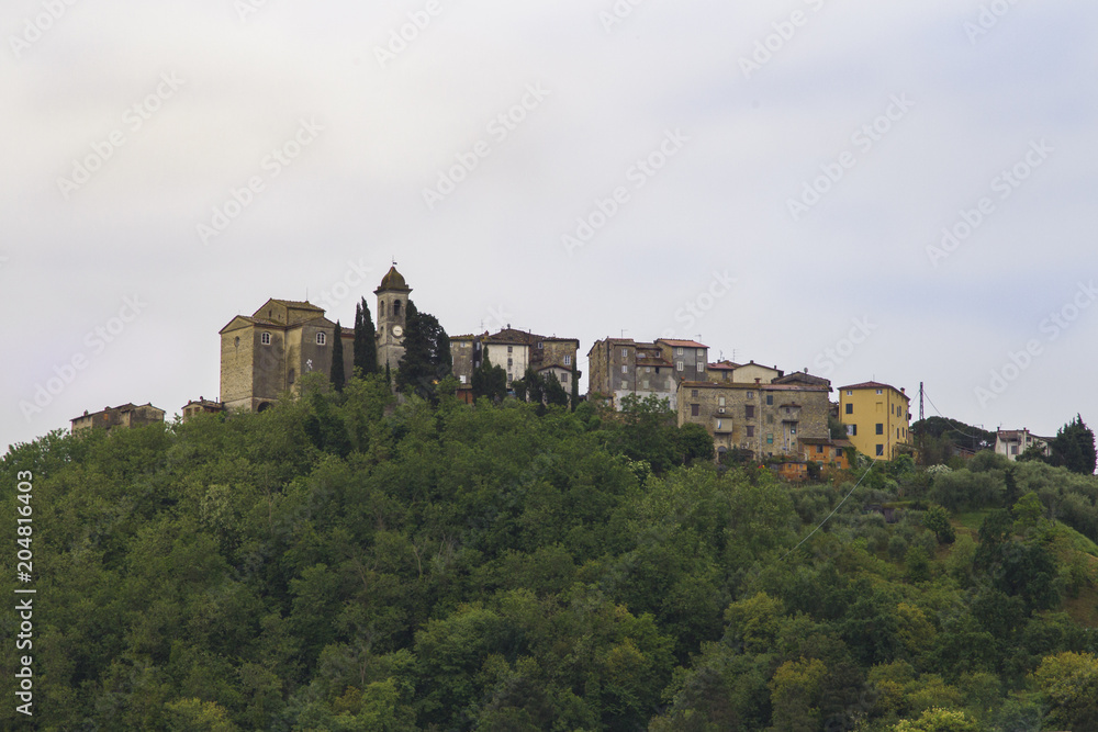 Italian village in Tuscany with city walls and towers on a wooded hill near Pisa
