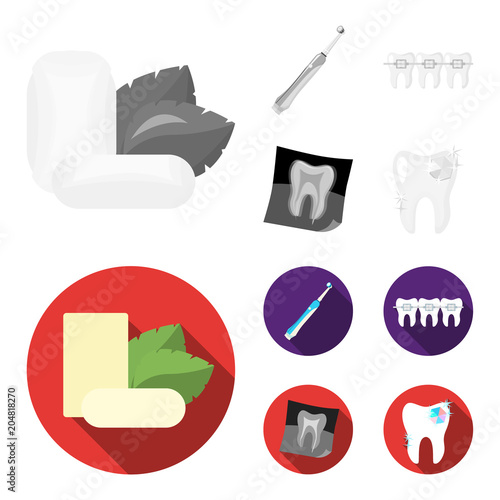 Mint chewing gum with mint leaves, toothbrush with bristles, bregettes with teeth, X-ray of the tooth. Dental care set collection icons in monochrome,flat style vector symbol stock illustration web.