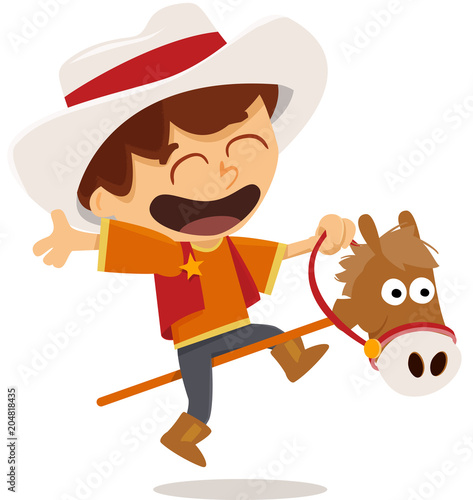 garçon déguisé en shérif jouant à cheval bâton