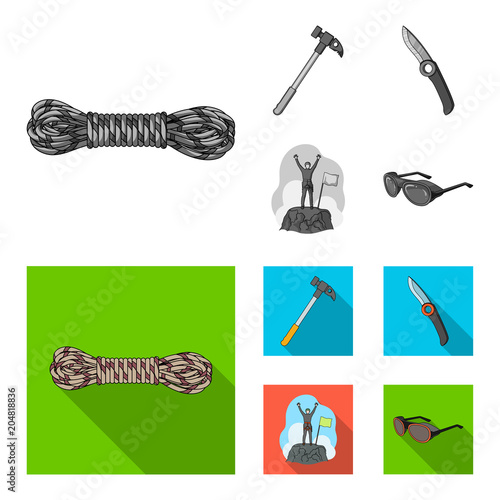 Climber on conquered top, coil of rope, knife, hammer.Mountaineering set collection icons in monochrome,flat style vector symbol stock illustration web.
