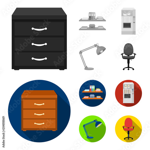 Shelves, folders and notebooks with business records, a coffee machine with cups, an armchair with a backrest on wheels, a desk lamp. Office Furniture set collection icons in monochrome,flat style