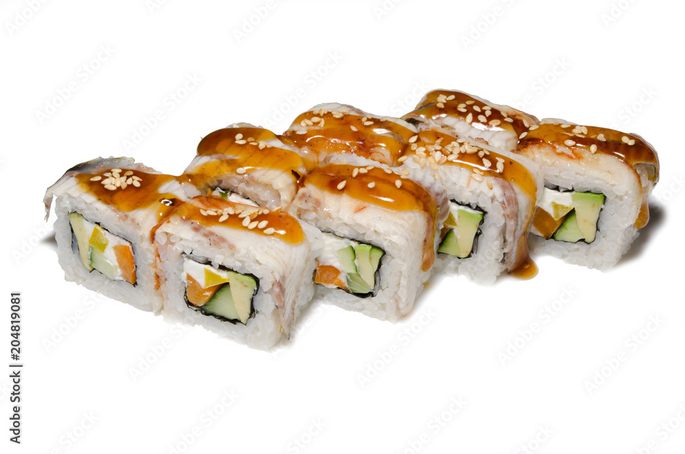 Japanese seafood sushi , roll on a white background Japanese seafood sushi , roll on a white background