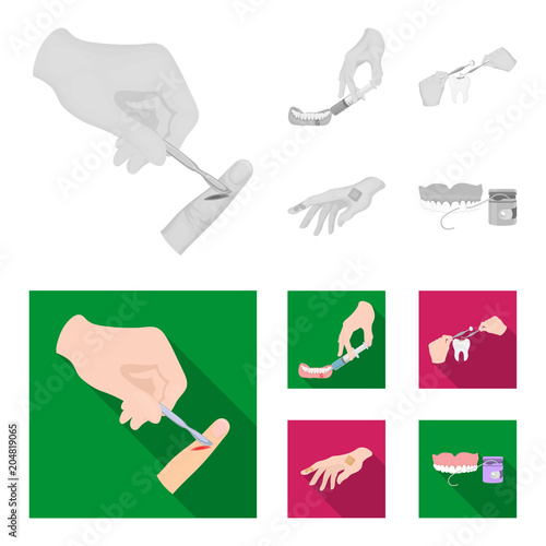 Anesthetic injection, dental instrument, hand manipulation, tooth cleaning and other web icon in monochrome,flat style.bactericidal plaster, medicine icons in set collection.
