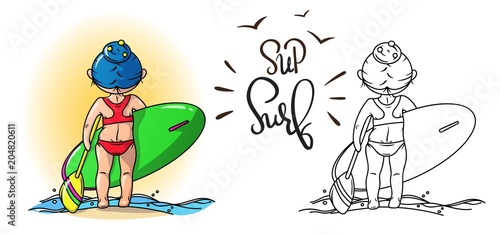 Stand Up Paddle Surfing illustration, a Girl with a board and a paddle, vector image