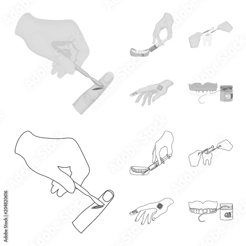 Anesthetic injection, dental instrument, hand manipulation, tooth cleaning and other web icon in outline,monochrome style.bactericidal plaster, medicine icons in set collection.