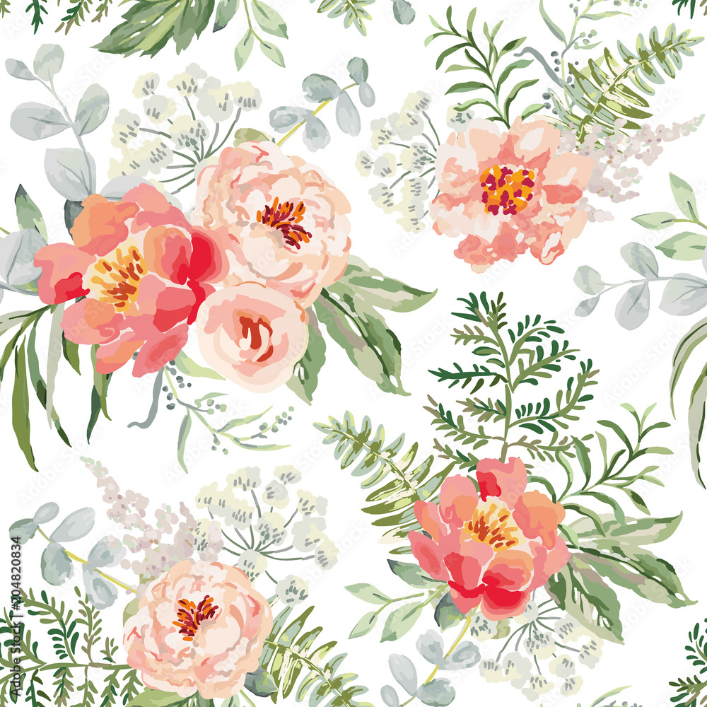 Pink and red bouquets on the white background. Vector seamless pattern with garden flowers. Peony, rose, fern and green leaves. Romantic illustration.